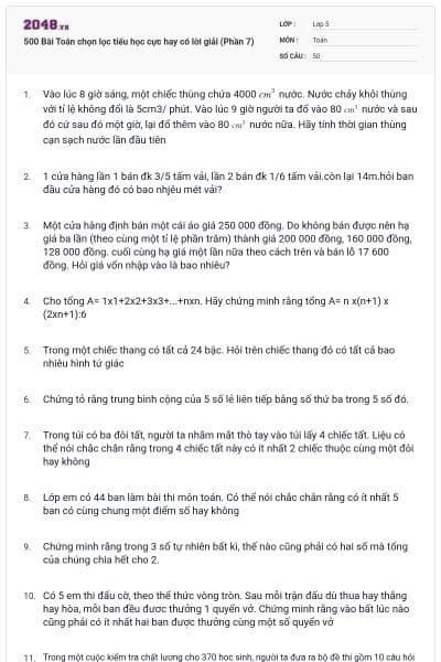 500 Bài Toán chọn lọc tiểu học cực hay có lời giải (Phần 7)