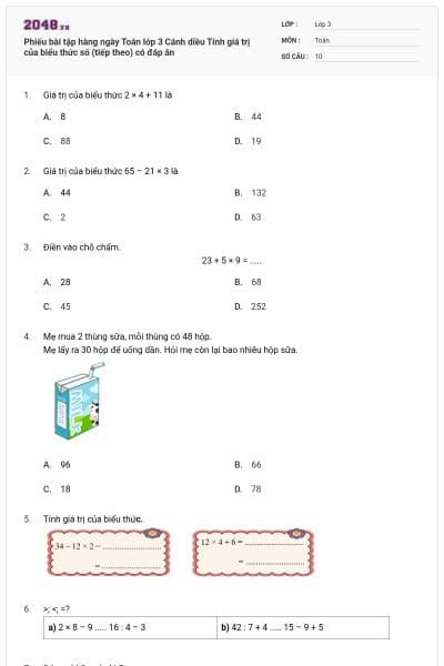 Phiếu bài tập hàng ngày Toán lớp 3 Cánh diều Tính giá trị của biểu thức số (tiếp theo) có đáp án
