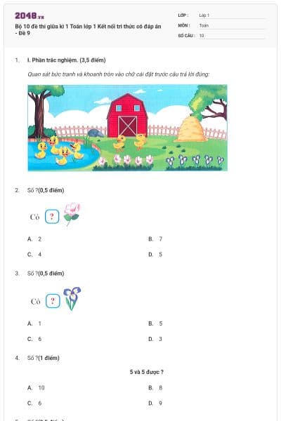 Bộ 10 đề thi giữa kì 1 Toán lớp 1 Kết nối tri thức có đáp án - Đề 9