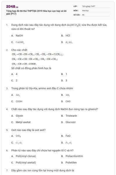 Tổng hợp đề thi thử THPTQG 2019 Hóa học cực hay có lời giải (P17)