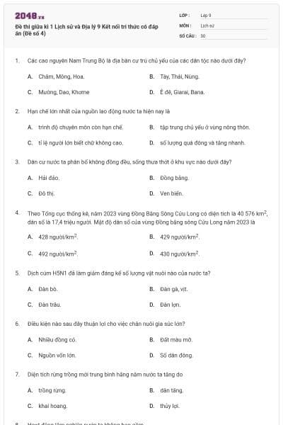 Đề thi giữa kì 1 Lịch sử và Địa lý 9 Kết nối tri thức có đáp án (Đề số 4)