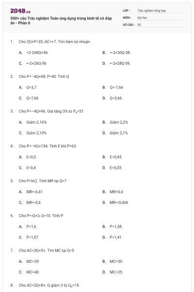 500+ câu Trắc nghiệm Toán ứng dụng trong kinh tế có đáp án - Phần 6