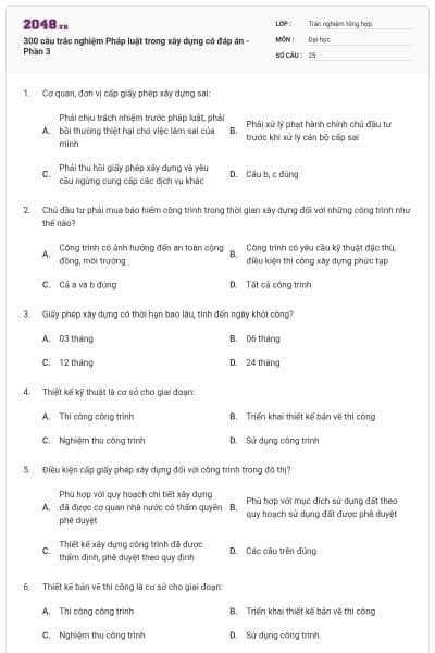 300 câu trắc nghiệm Pháp luật trong xây dựng có đáp án - Phần 3