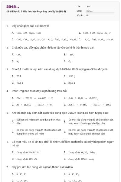 Đề thi Học kì 1 Hóa học lớp 9 cực hay, có đáp án (Đề 4)