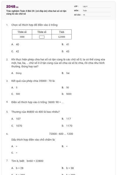 Trắc nghiệm Toán 4 Bài 24: (có đáp án) chia hai số có tận cùng là các chữ số