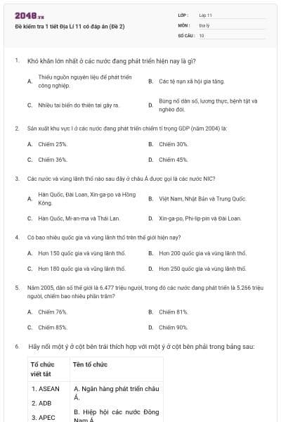 Đề kiểm tra 1 tiết Địa Lí 11 có đáp án (Đề 2)