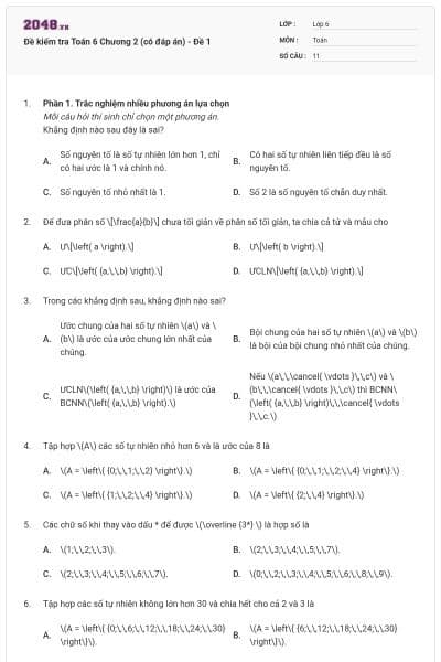 Đề kiểm tra Toán 6 Chương 2 (có đáp án) - Đề 1