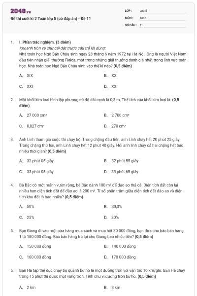 Đề thi cuối kì 2 Toán lớp 5 (có đáp án) - Đề 11