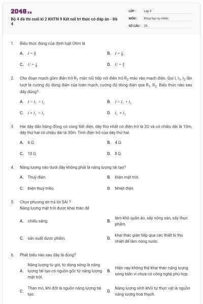Bộ 4 đề thi cuối kì 2 KHTN 9 Kết nối tri thức có đáp án - Đề 4