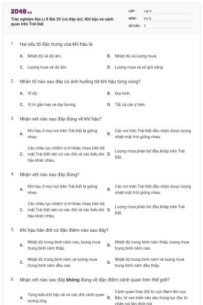 Trắc nghiệm Địa Lí 8 Bài 20 (có đáp án): Khí hậu và cảnh quan trên Trái Đất