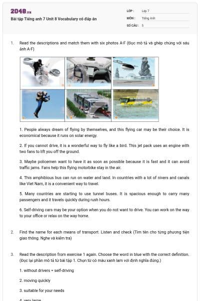 Bài tập Tiếng anh 7 Unit 8 Vocabulary có đáp án