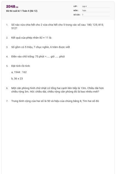 Đề thi cuối kì 1 Toán 4 (Đề 12)