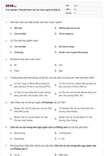 Trắc nghiệm: Tổng kết phần văn học nước ngoài có đáp án