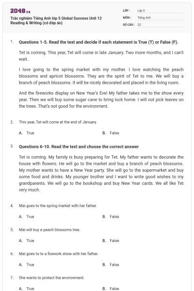 Trắc nghiệm Tiếng Anh lớp 5 Global Success Unit 12 Reading & Writing (có đáp án)