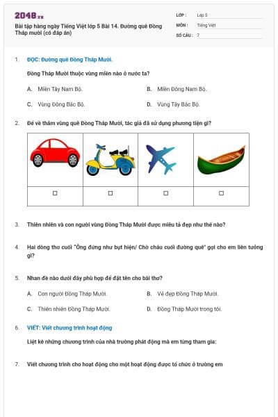 Bài tập hàng ngày Tiếng Việt lớp 5 Bài 14. Đường quê Đồng Tháp mười (có đáp án)