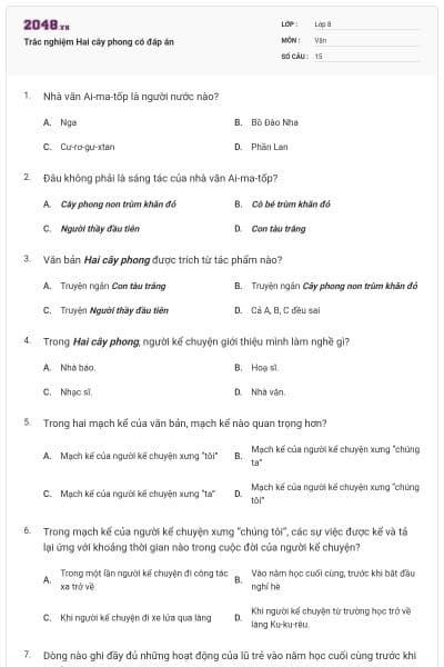 Trắc nghiệm Hai cây phong có đáp án