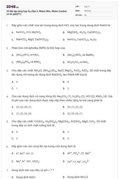 39 Bài tập tổng hợp Sự điện li, Nhóm Nito, Nhóm Cacbon có lời giải(P1)