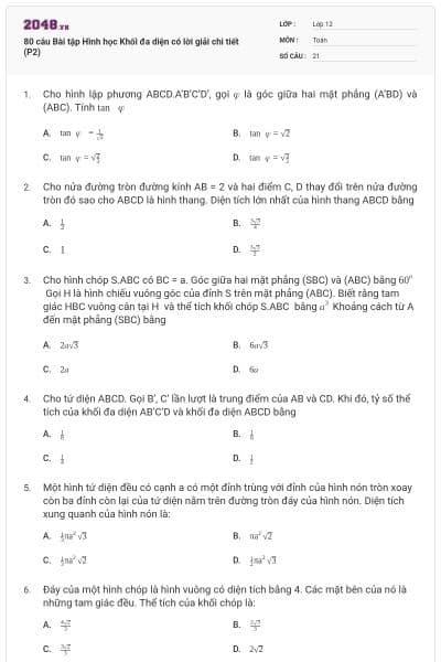 80 câu Bài tập Hình học Khối đa diện có lời giải chi tiết (P2)