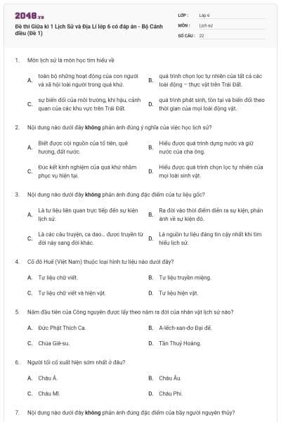 Đề thi Giữa kì 1 Lịch Sử và Địa Lí lớp 6 có đáp án - Bộ Cánh diều (Đề 1)