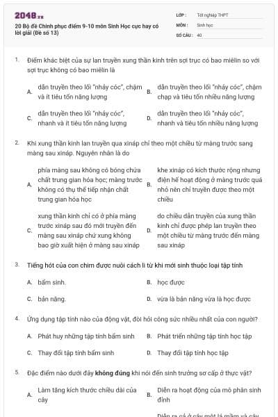20 Bộ đề Chinh phục điểm 9-10 môn Sinh Học cực hay có lời giải (Đề số 13)