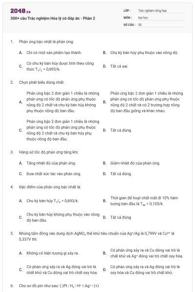 300+ câu Trắc nghiệm Hóa lý có đáp án - Phần 2