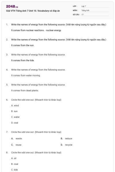 Giải VTH Tiếng Anh 7 Unit 10. Vocabulary có đáp án