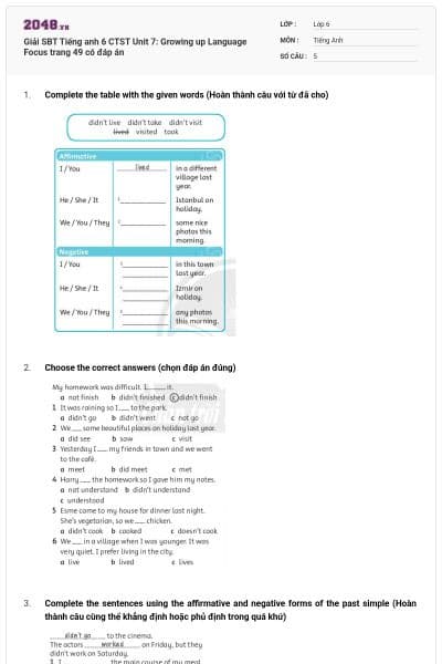 Giải SBT Tiếng anh 6 CTST Unit 7: Growing up Language Focus trang 49 có đáp án