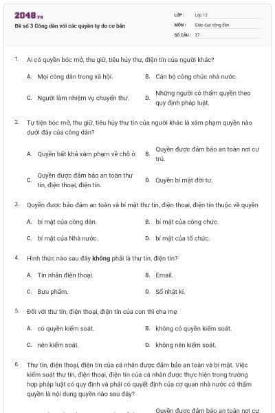 Đề số 3 Công dân với các quyền tự do cơ bản