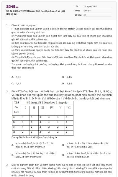 30 đề thi thử THPTQG môn Sinh học Cực hay có lời giải (Đề số 22)
