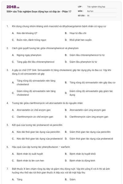 500+ câu Trắc nghiệm Dược động học có đáp án - Phần 17