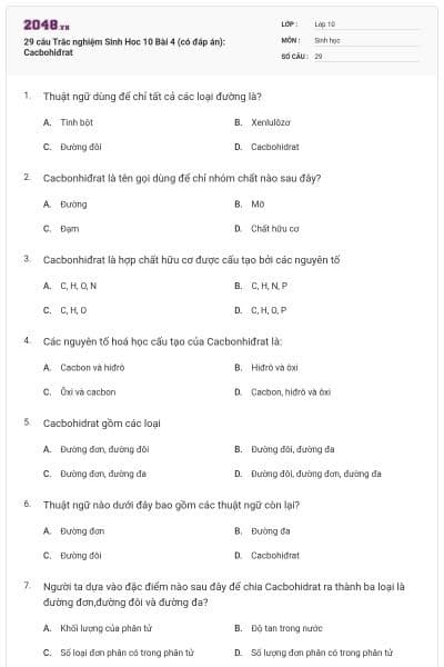29 câu Trắc nghiệm Sinh Hoc 10 Bài 4 (có đáp án): Cacbohiđrat