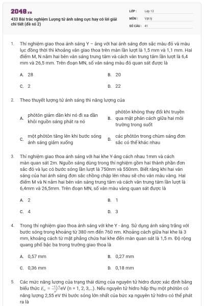 433 Bài trắc nghiệm Lượng tử ánh sáng cực hay có lời giải chi tiết (đề số 2)