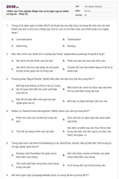 1000+ câu Trắc nghiệm Nhập môn xử lý ngôn ngữ tự nhiên có đáp án - Phần 32