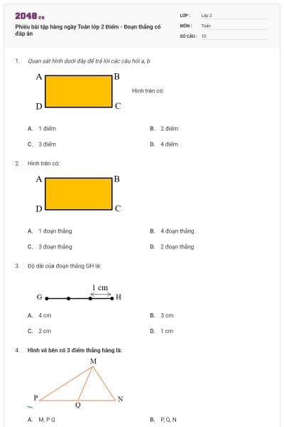 Phiếu bài tập hàng ngày Toán lớp 2 Điểm - Đoạn thẳng có đáp án