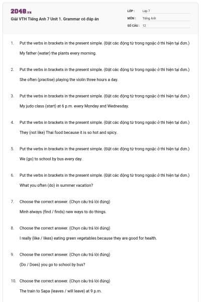 Giải VTH Tiếng Anh 7 Unit 1. Grammar có đáp án