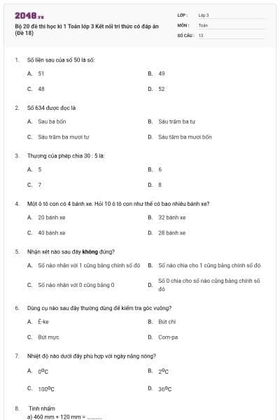 Bộ 20 đề thi học kì 1 Toán lớp 3 Kết nối tri thức có đáp án (Đề 18)