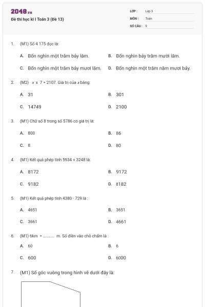 Đề thi học kì I Toán 3 (Đề 13)