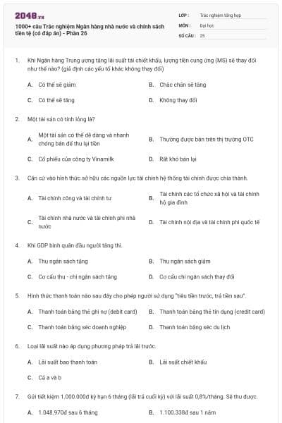 1000+ câu Trắc nghiệm Ngân hàng nhà nước và chính sách tiền tệ (có đáp án) - Phần 26