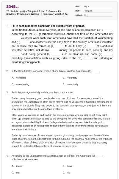 20 câu trắc nghiệm Tiếng Anh 6 Unit 6: Community Services- Reading and Writing - iLearn smart world có đáp án