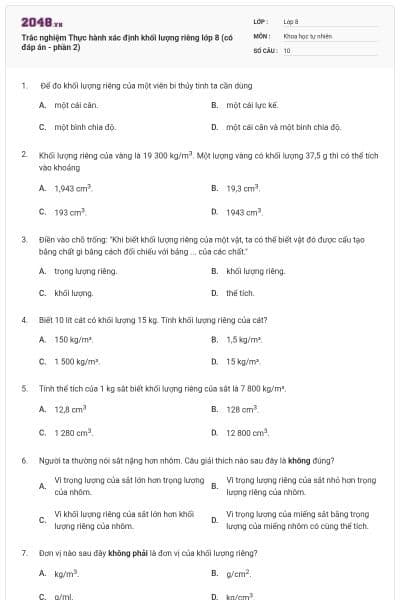 Trắc nghiệm Thực hành xác định khối lượng riêng lớp 8 (có đáp án - phần 2)