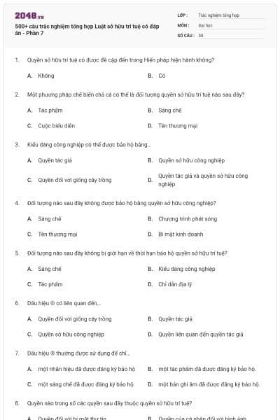 500+ câu trắc nghiệm tổng hợp Luật sở hữu trí tuệ có đáp án - Phần 7