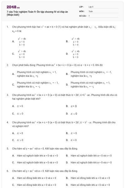 7 câu Trắc nghiệm Toán 9: Ôn tập chương IV có đáp án (Nhận biết)