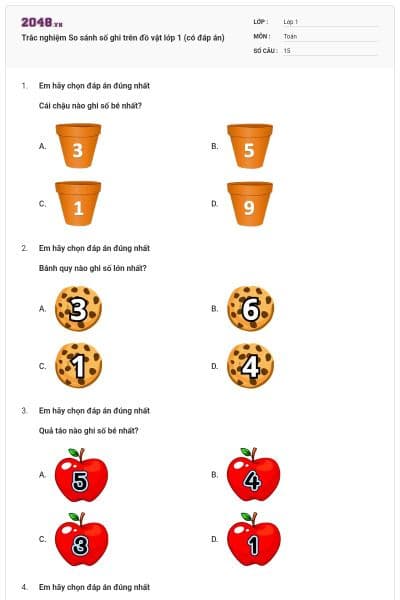 Trắc nghiệm So sánh số ghi trên đồ vật lớp 1 (có đáp án)
