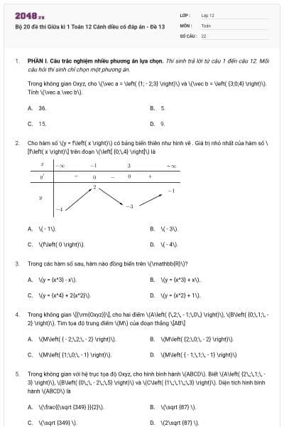 Bộ 20 đề thi Giữa kì 1 Toán 12 Cánh diều có đáp án - Đề 13