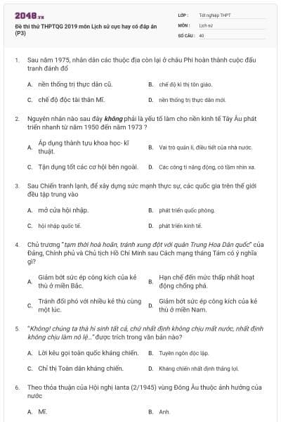 Đề thi thử THPTQG 2019 môn Lịch sử cực hay có đáp án (P3)