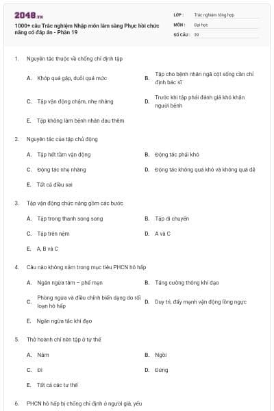 1000+ câu Trắc nghiệm Nhập môn lâm sàng Phục hồi chức năng có đáp án - Phần 19