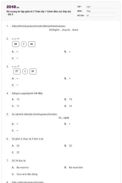 Đề cương ôn tập giữa kì 2 Toán lớp 1 Cánh diều (có đáp án) - Đề 3