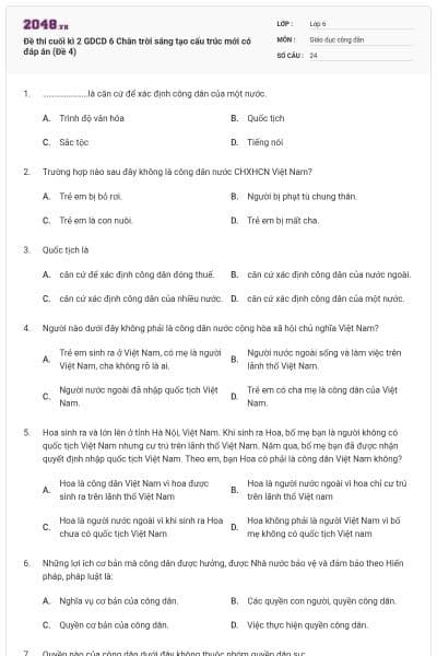 Đề thi cuối kì 2 GDCD 6 Chân trời sáng tạo cấu trúc mới có đáp án (Đề 4)