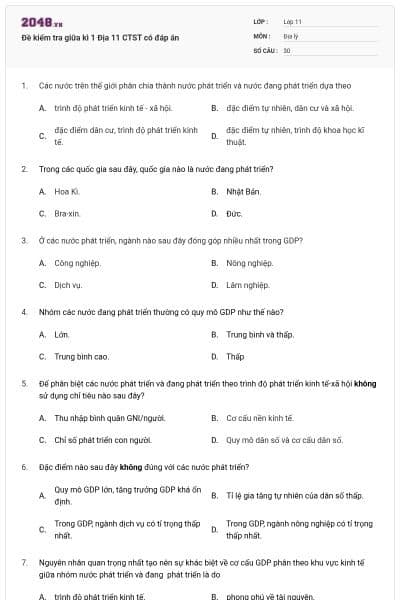 Đề kiểm tra giữa kì 1 Địa 11 CTST có đáp án