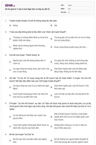 Đề thi giữa kì 1 lớp 6 môn Ngữ Văn có đáp án (Đề 5)